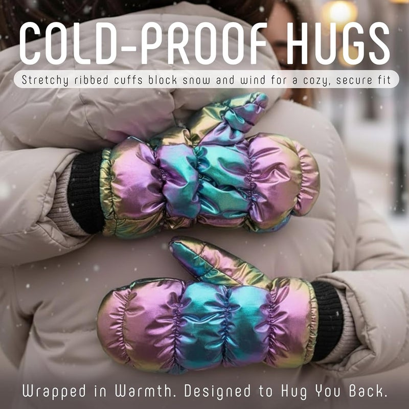 Funky Junque Women's Fleece Lined Puffer Mittens Gloves, Cold Weather Accessory for Ice Skating, Shiny Metallic Knit Cuff - Image 3